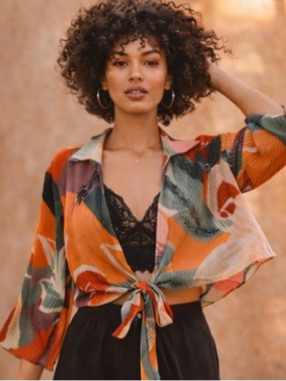 Fashion Nova Pleated Tie-Front Abstract Print Crop Top | Festival Layering Piece